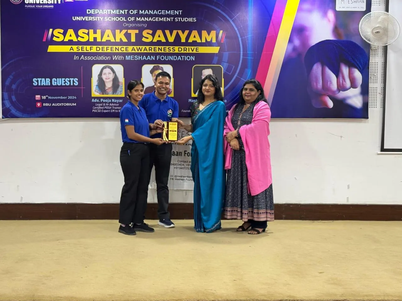 Department of Management, University School of Management Studies (USMS), in collaboration with Meshaan Foundation, organized a POSH training event titled SASHAKT SVAYAM, aimed at promoting workplace safety, gender equality, and self-defense. The event featured a keynote by Advocate Pooja Nayar on POSH laws, an interactive session by RJ Manav Ahuja to encourage open discussions on gender dynamics, and a self-defense workshop by Grand Master Bikram Thapa. Dr. Prabhjot also conducted engaging activities on self-awareness, self-defense, and menstrual health, making the event both informative and empowering.(18/11/2024)